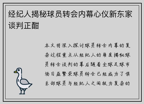 经纪人揭秘球员转会内幕心仪新东家谈判正酣
