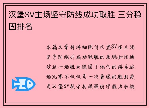 汉堡SV主场坚守防线成功取胜 三分稳固排名