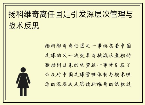 扬科维奇离任国足引发深层次管理与战术反思