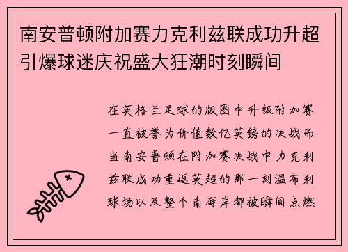 南安普顿附加赛力克利兹联成功升超引爆球迷庆祝盛大狂潮时刻瞬间